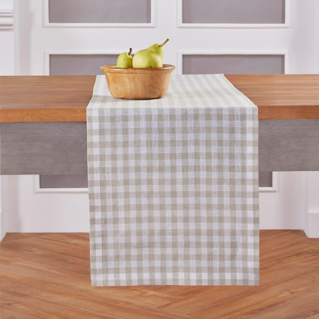 Solino Home Linen Plaid Table Runner 60 Inch - 100% Pure Linen Gingham Check Natural Table Runner 14 x 60 Inch Ideal for Dresser and Coffee Tables