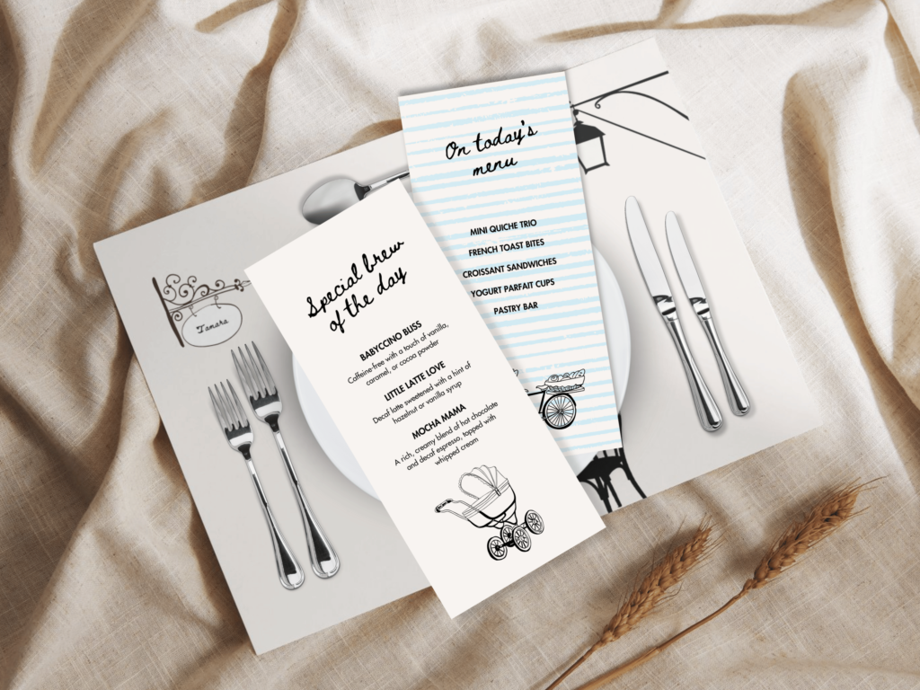 Cafe bebe table place mat and menu cards